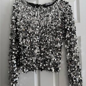 Zara Glamorous Sequin Black and Silver Women's Blouse